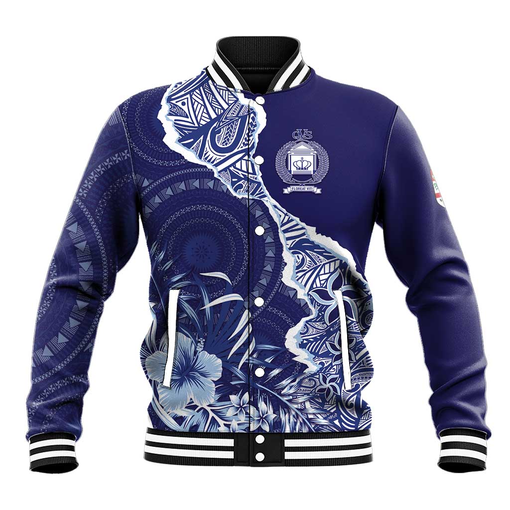 Fiji Queen Victoria School Personalised Baseball Jacket Masi Tapa Torn Style LT7 Unisex Blue - Polynesian Pride