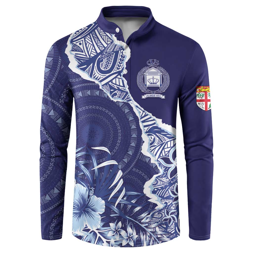 Fiji Queen Victoria School Personalised Button Sweatshirt Masi Tapa Torn Style LT7 Blue - Polynesian Pride