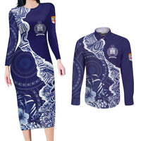 Fiji Queen Victoria School Personalised Couples Matching Long Sleeve Bodycon Dress and Long Sleeve Button Shirt Masi Tapa Torn Style