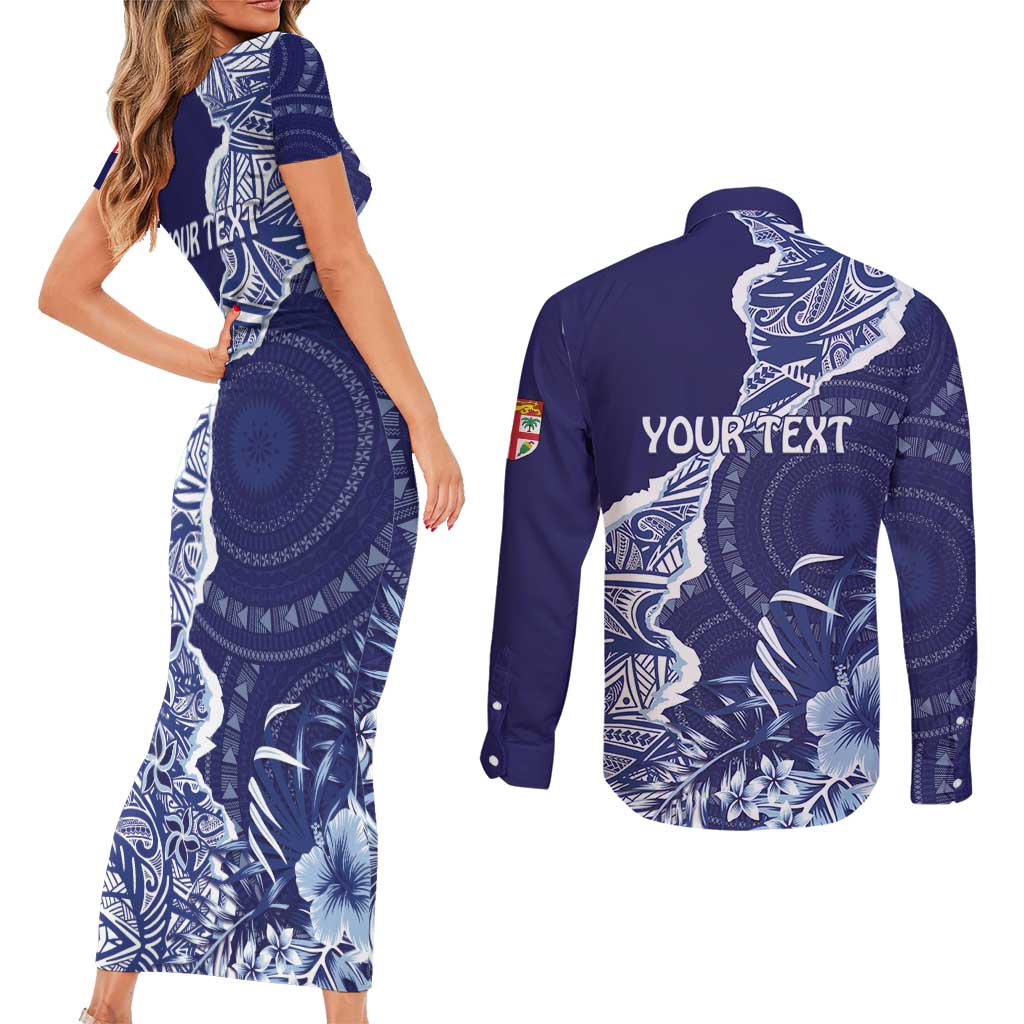 Fiji Queen Victoria School Personalised Couples Matching Short Sleeve Bodycon Dress and Long Sleeve Button Shirt Masi Tapa Torn Style