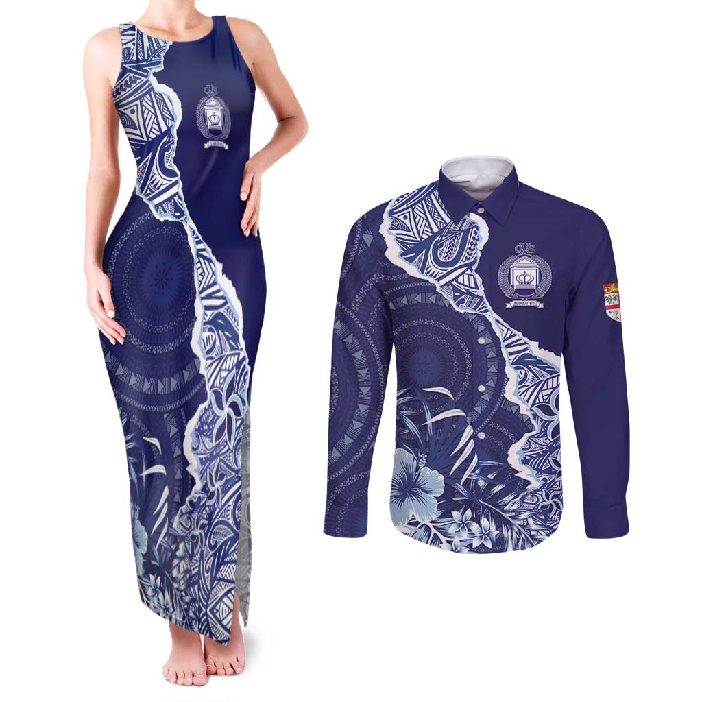 Fiji Queen Victoria School Personalised Couples Matching Tank Maxi Dress and Long Sleeve Button Shirt Masi Tapa Torn Style