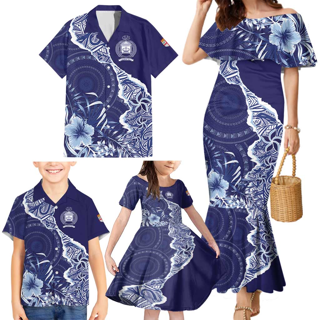 Fiji Queen Victoria School Personalised Family Matching Mermaid Dress and Hawaiian Shirt Masi Tapa Torn Style