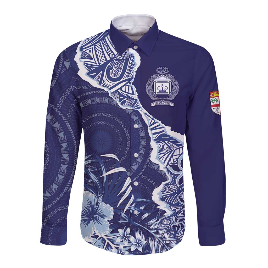 Fiji Queen Victoria School Personalised Long Sleeve Button Shirt Masi Tapa Torn Style LT7 Unisex Blue - Polynesian Pride