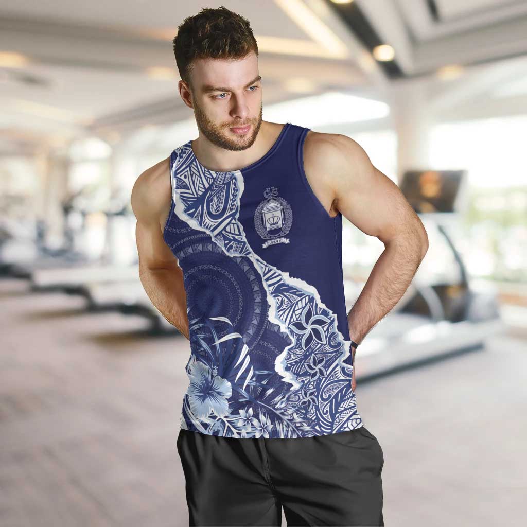 Fiji Queen Victoria School Personalised Men Tank Top Masi Tapa Torn Style LT7 Blue - Polynesian Pride