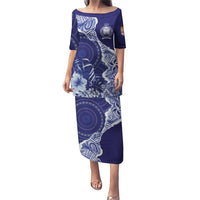 Fiji Queen Victoria School Personalised Puletasi Masi Tapa Torn Style LT7 Long Dress Blue - Polynesian Pride