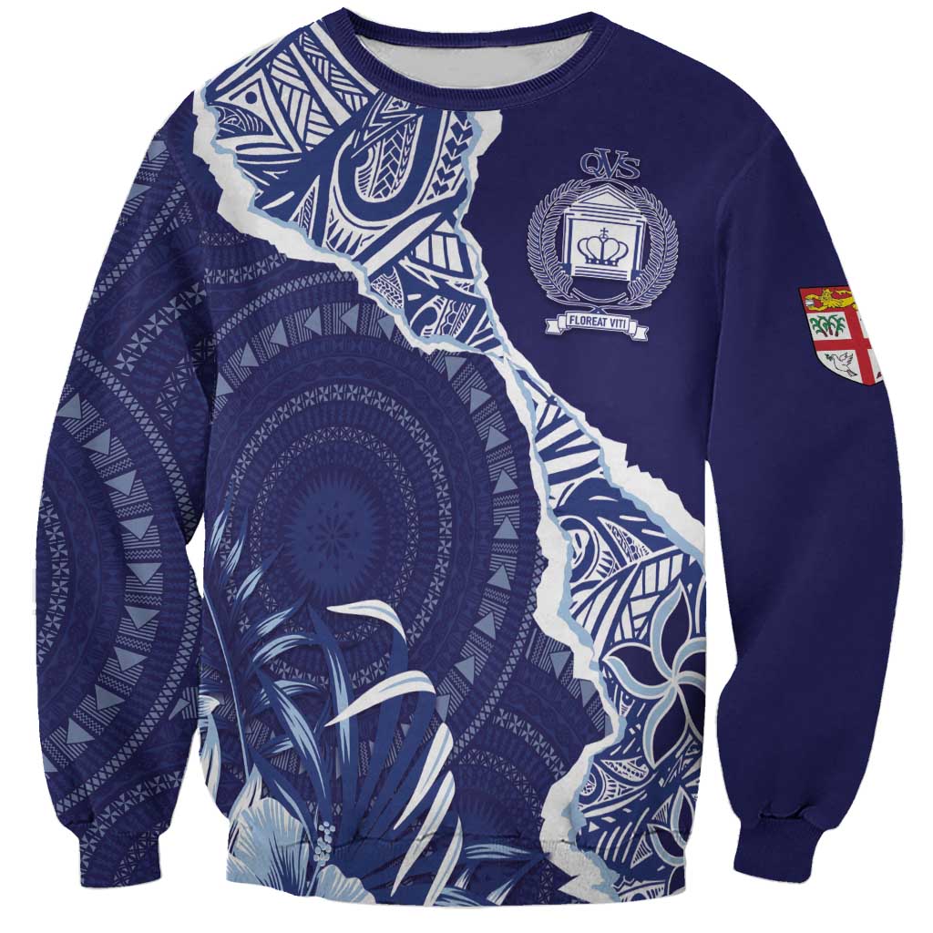 Fiji Queen Victoria School Personalised Sweatshirt Masi Tapa Torn Style LT7 Unisex Blue - Polynesian Pride