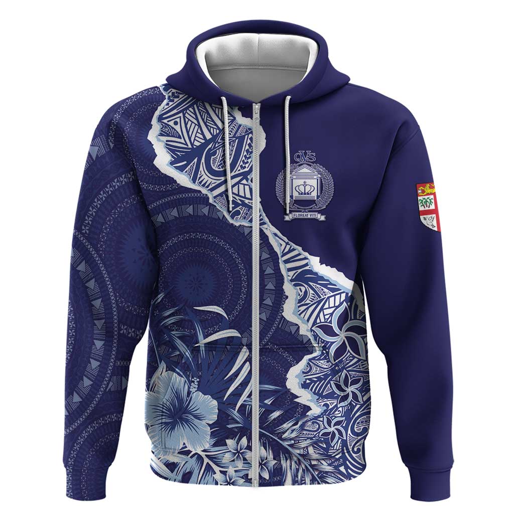 Fiji Queen Victoria School Personalised Zip Hoodie Masi Tapa Torn Style