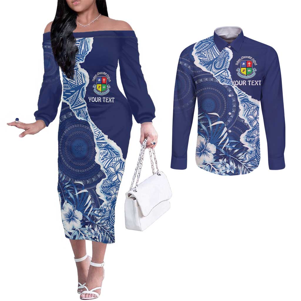 Fiji Lelean Memorial School Personalised Couples Matching Off The Shoulder Long Sleeve Dress and Long Sleeve Button Shirt Korodredre Davuilevu Masi Mix Style