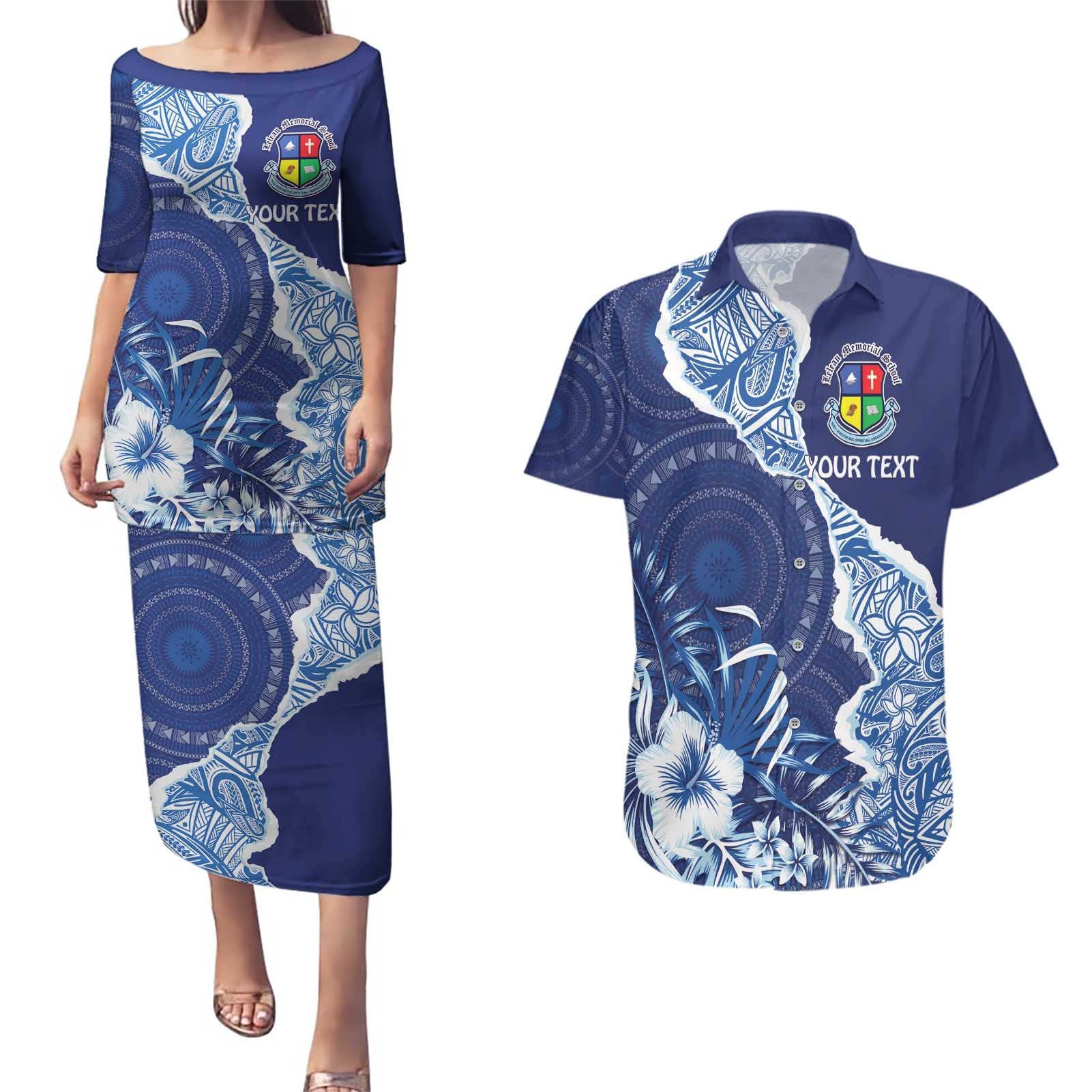 Fiji Lelean Memorial School Personalised Couples Matching Puletasi and Hawaiian Shirt Korodredre Davuilevu Masi Mix Style