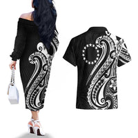Kia Orana Cook Islands Couples Matching Off The Shoulder Long Sleeve Dress and Hawaiian Shirt Kerekere Plumeria Tropical Waves - Polynesian Pride