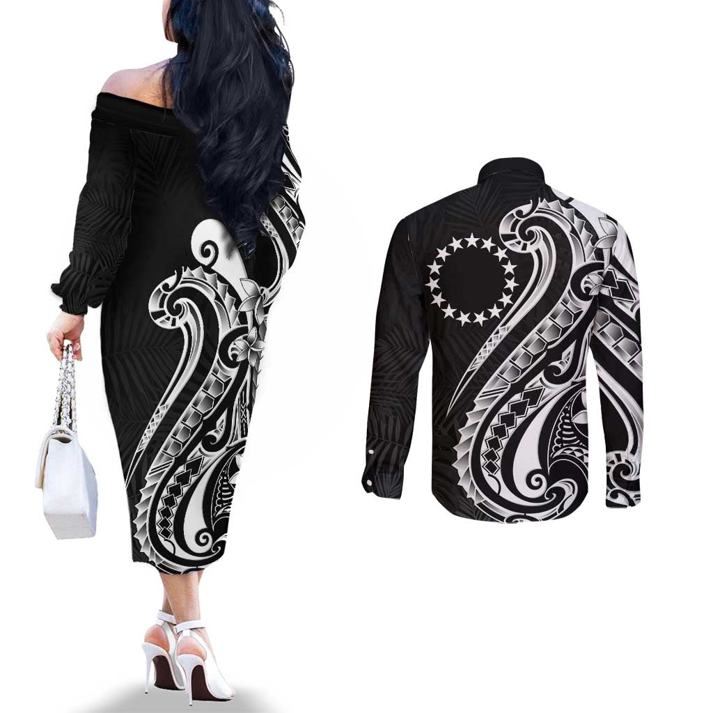 Kia Orana Cook Islands Couples Matching Off The Shoulder Long Sleeve Dress and Long Sleeve Button Shirt Kerekere Plumeria Tropical Waves - Polynesian Pride