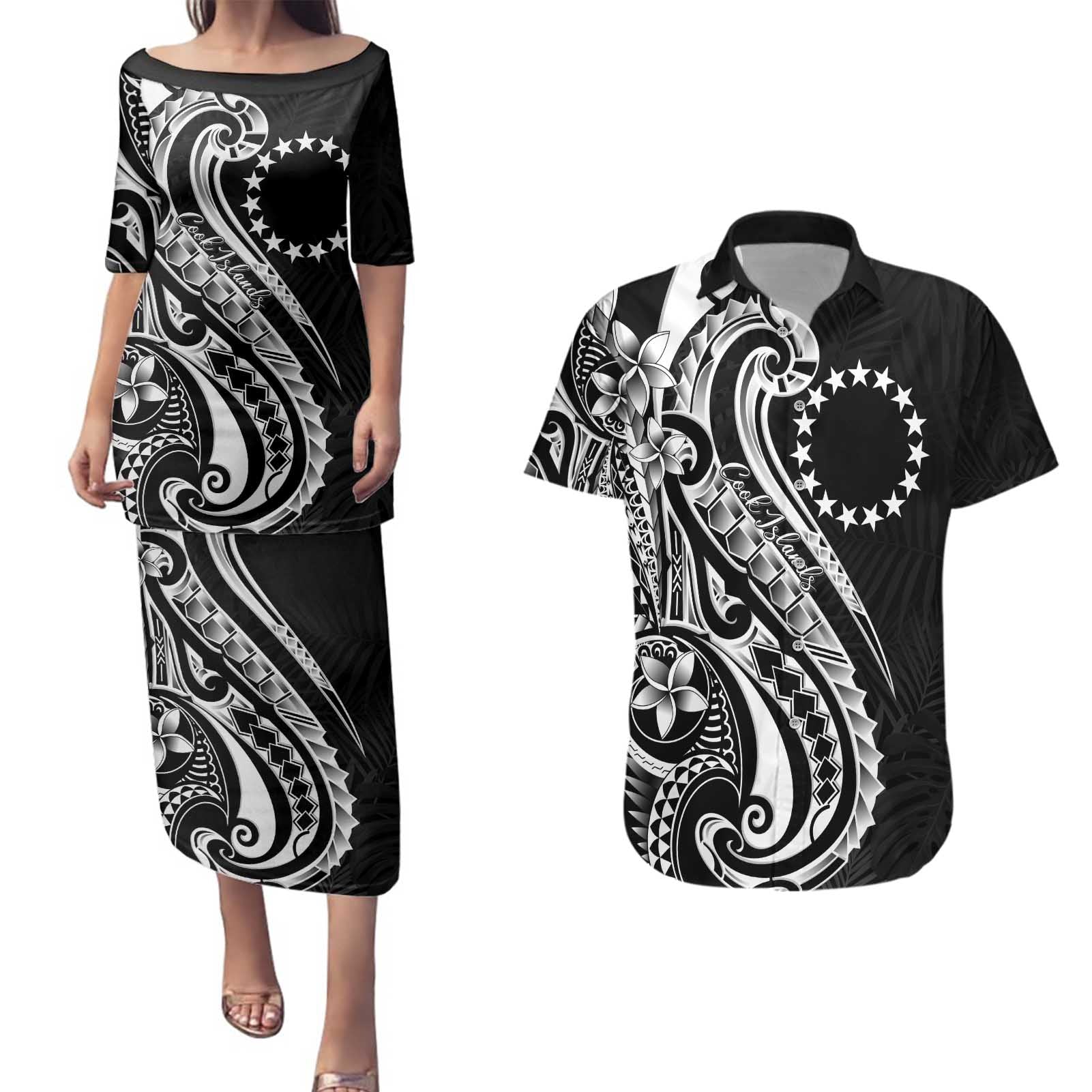 Kia Orana Cook Islands Couples Matching Puletasi and Hawaiian Shirt Kerekere Plumeria Tropical Waves - Polynesian Pride