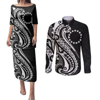 Kia Orana Cook Islands Couples Matching Puletasi and Long Sleeve Button Shirt Kerekere Plumeria Tropical Waves - Polynesian Pride