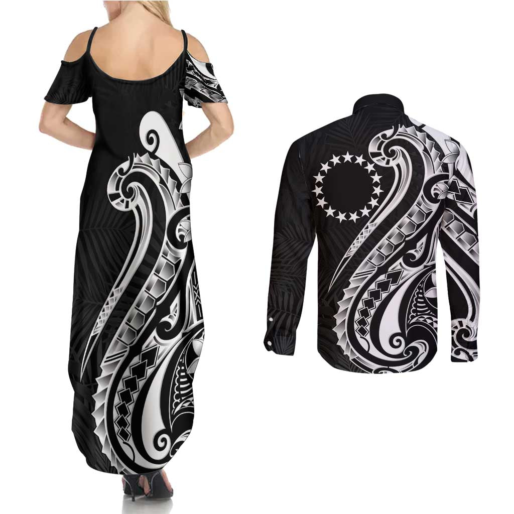Kia Orana Cook Islands Couples Matching Summer Maxi Dress and Long Sleeve Button Shirt Kerekere Plumeria Tropical Waves - Polynesian Pride