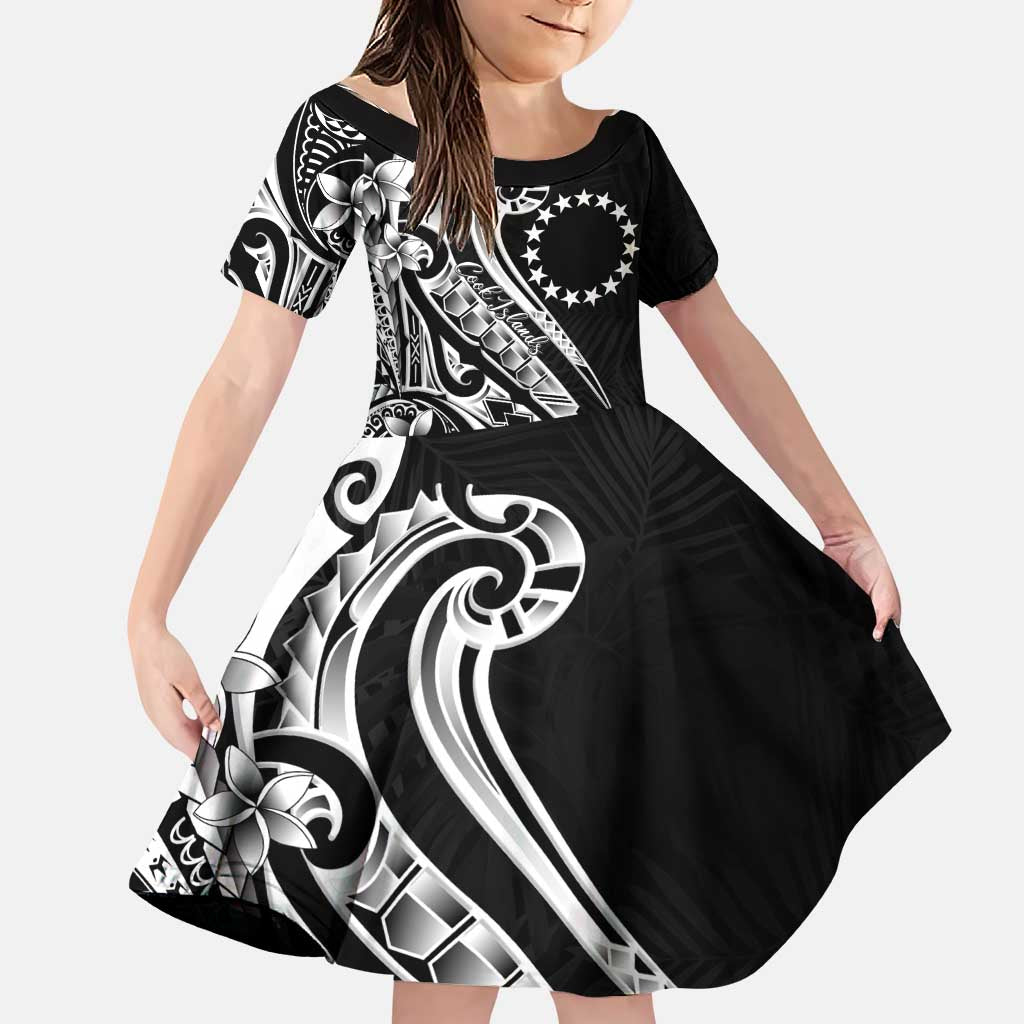 Kia Orana Cook Islands Family Matching Puletasi and Hawaiian Shirt Kerekere Plumeria Tropical Waves LT7 Daughter's Dress Black - Polynesian Pride