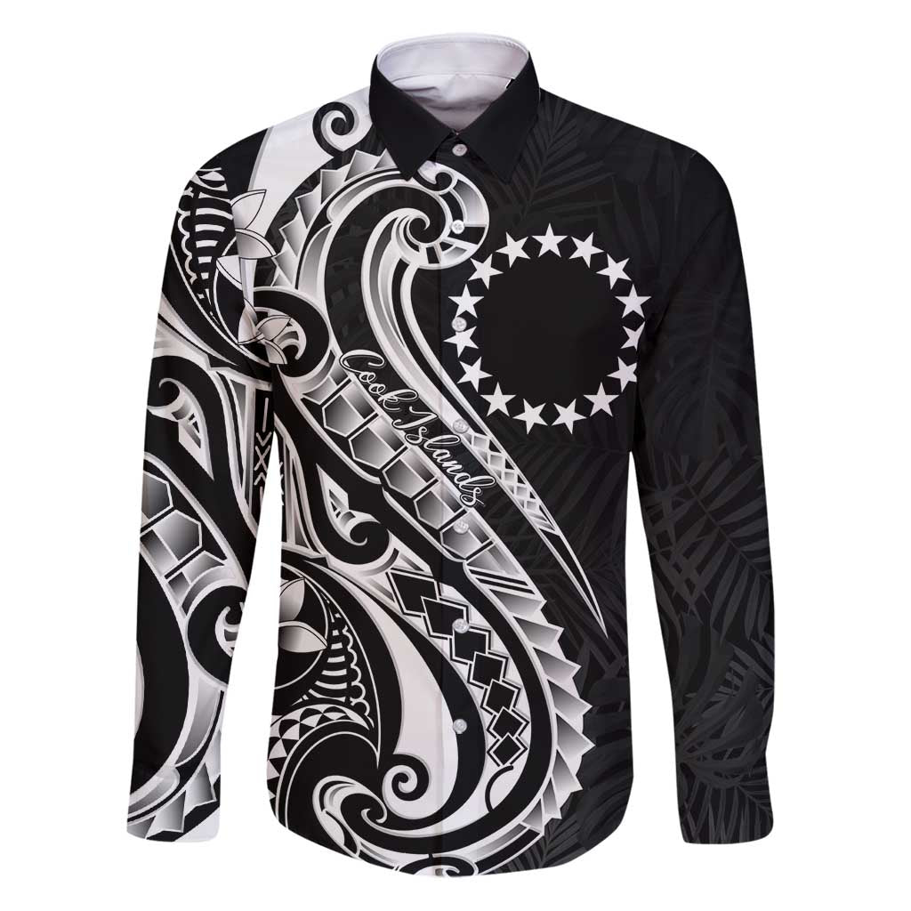 Kia Orana Cook Islands Family Matching Puletasi and Hawaiian Shirt Kerekere Plumeria Tropical Waves LT7 Dad's Shirt - Long Sleeve Black - Polynesian Pride