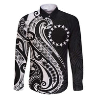 Kia Orana Cook Islands Family Matching Puletasi and Hawaiian Shirt Kerekere Plumeria Tropical Waves LT7 Dad's Shirt - Long Sleeve Black - Polynesian Pride