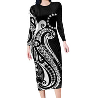 Kia Orana Cook Islands Long Sleeve Bodycon Dress Kerekere Plumeria Tropical Waves - Polynesian Pride