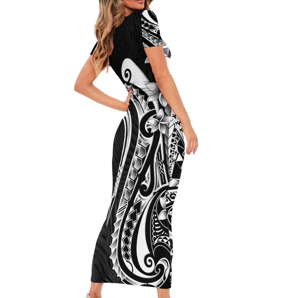 Kia Orana Cook Islands Short Sleeve Bodycon Dress Kerekere Plumeria Tropical Waves - Polynesian Pride