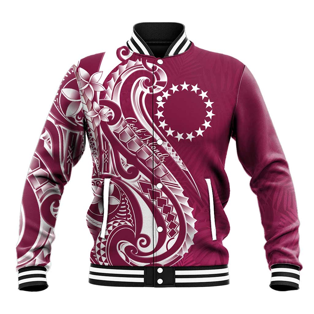 Kia Orana Cook Islands Baseball Jacket Maroon Plumeria Tropical Waves - Polynesian Pride