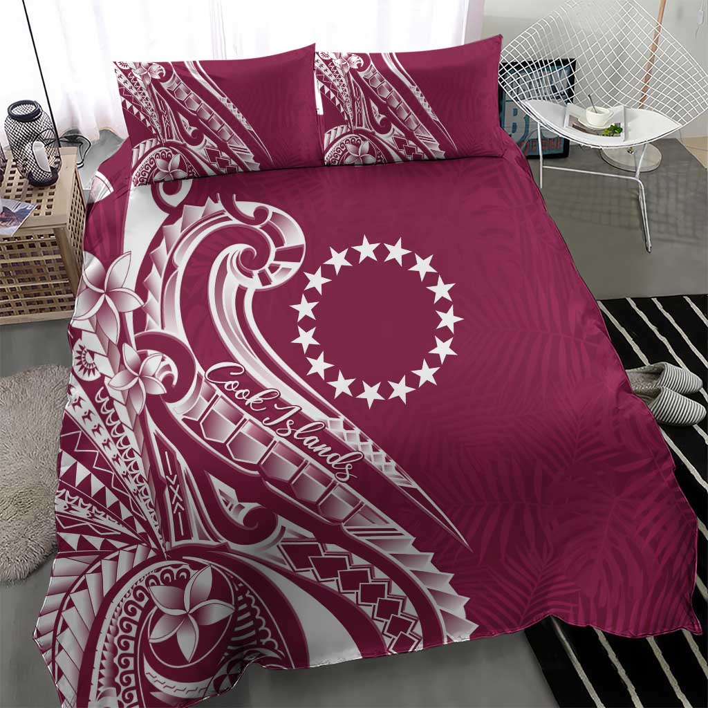 Kia Orana Cook Islands Bedding Set Maroon Plumeria Tropical Waves - Polynesian Pride