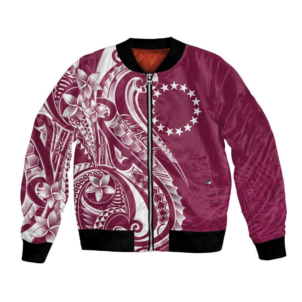 Kia Orana Cook Islands Bomber Jacket Maroon Plumeria Tropical Waves - Polynesian Pride