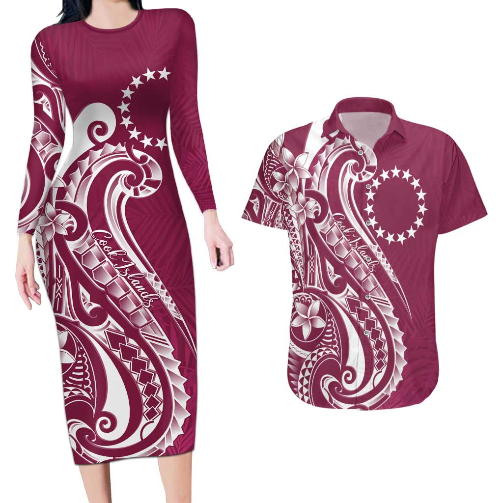 Kia Orana Cook Islands Couples Matching Long Sleeve Bodycon Dress and Hawaiian Shirt Maroon Plumeria Tropical Waves - Polynesian Pride
