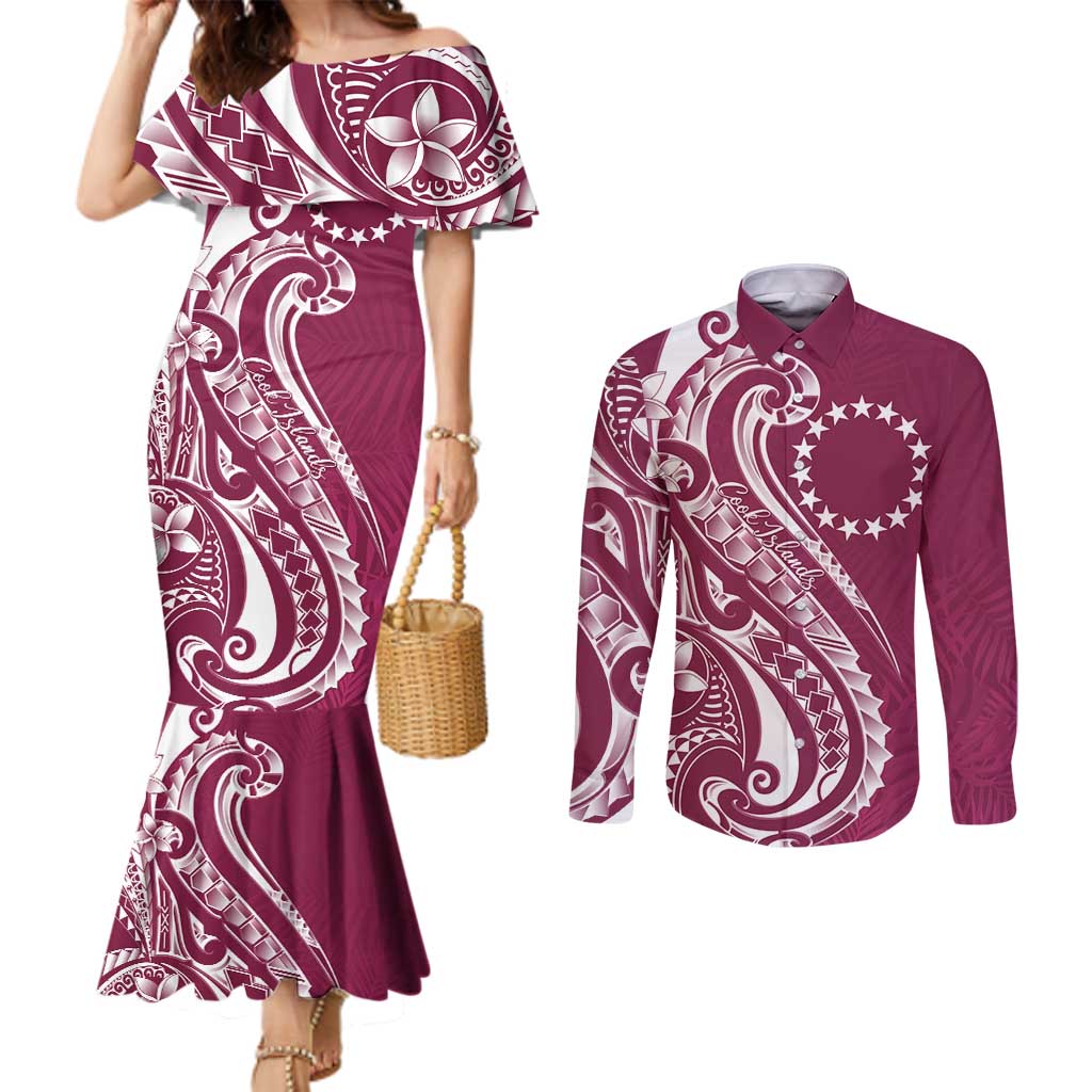 Kia Orana Cook Islands Couples Matching Mermaid Dress and Long Sleeve Button Shirt Maroon Plumeria Tropical Waves - Polynesian Pride
