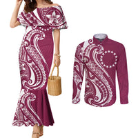 Kia Orana Cook Islands Couples Matching Mermaid Dress and Long Sleeve Button Shirt Maroon Plumeria Tropical Waves - Polynesian Pride