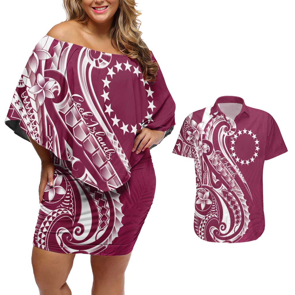 Kia Orana Cook Islands Couples Matching Off Shoulder Short Dress and Hawaiian Shirt Maroon Plumeria Tropical Waves - Polynesian Pride