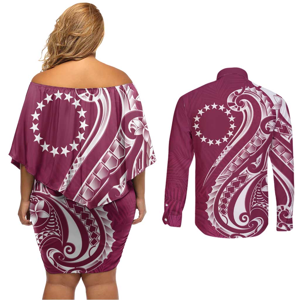 Kia Orana Cook Islands Couples Matching Off Shoulder Short Dress and Long Sleeve Button Shirt Maroon Plumeria Tropical Waves - Polynesian Pride
