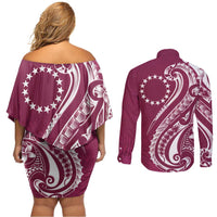 Kia Orana Cook Islands Couples Matching Off Shoulder Short Dress and Long Sleeve Button Shirt Maroon Plumeria Tropical Waves - Polynesian Pride