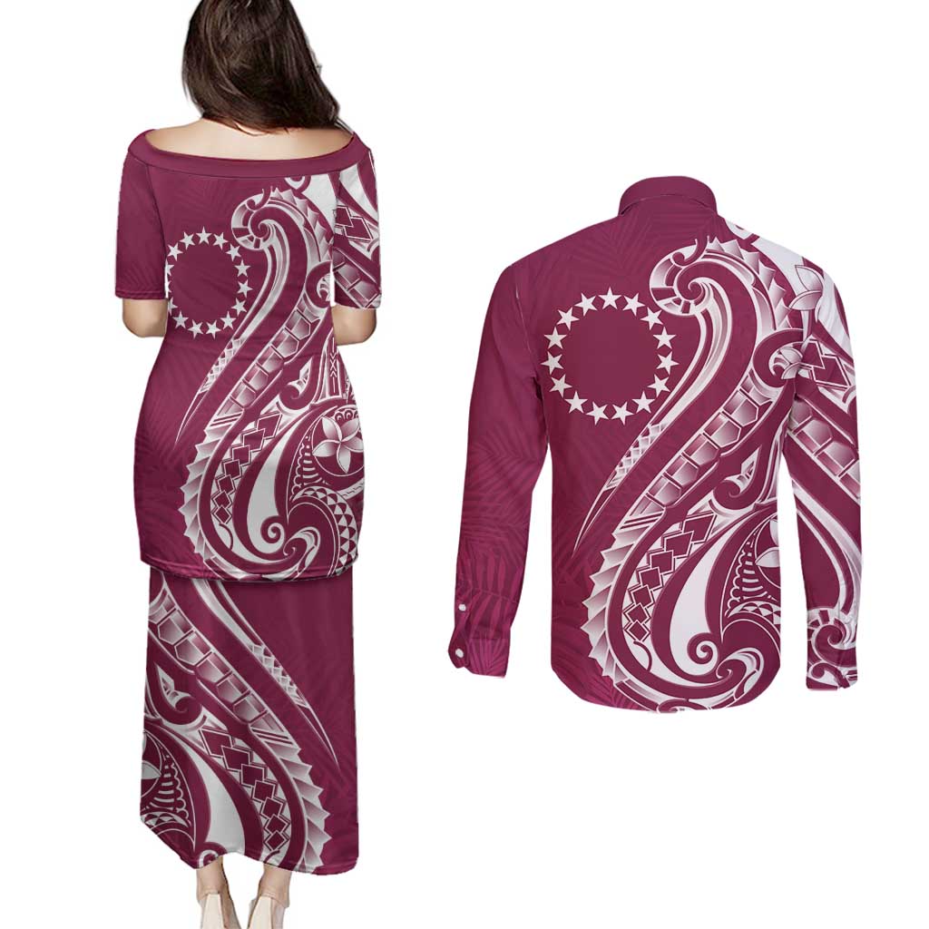 Kia Orana Cook Islands Couples Matching Puletasi and Long Sleeve Button Shirt Maroon Plumeria Tropical Waves - Polynesian Pride