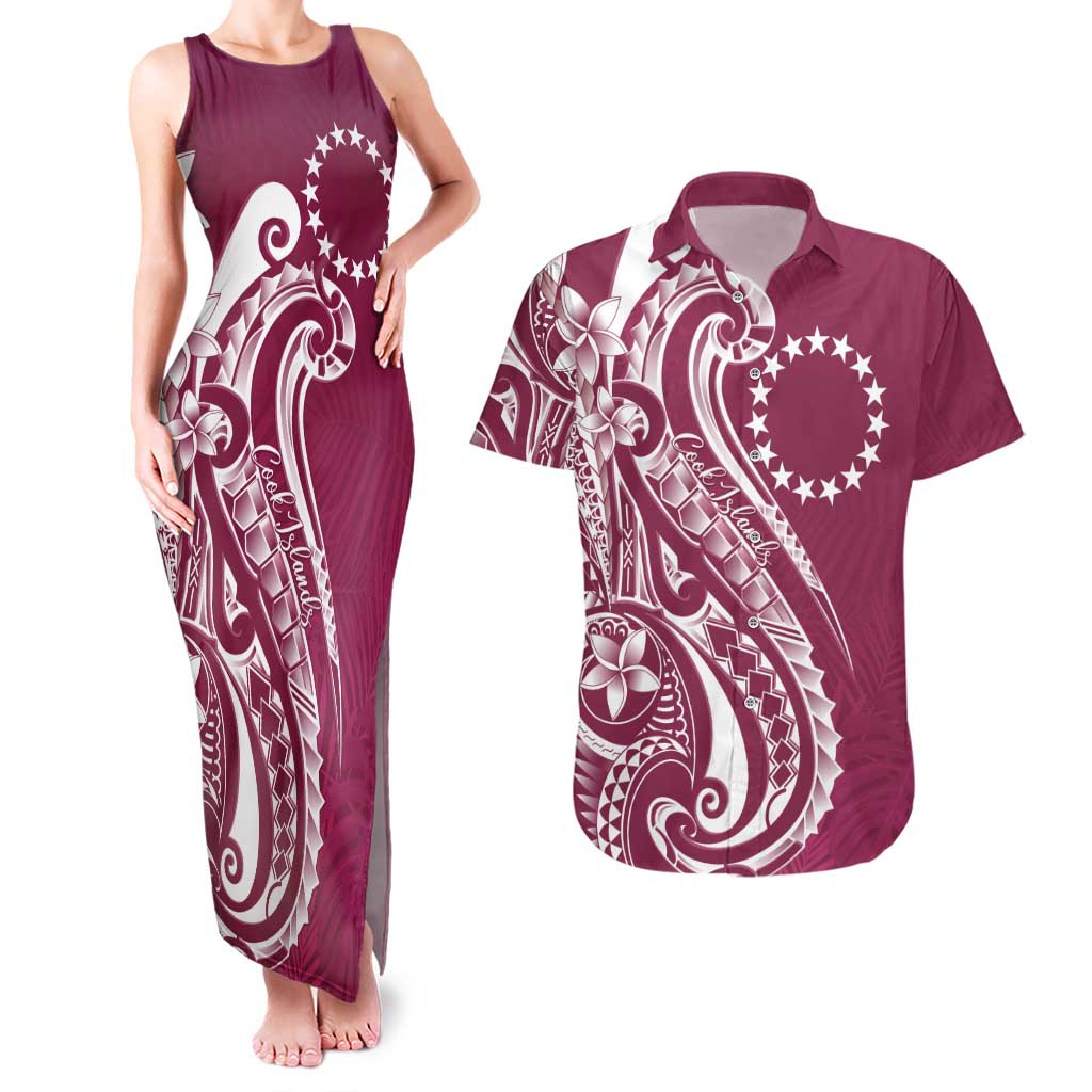 Kia Orana Cook Islands Couples Matching Tank Maxi Dress and Hawaiian Shirt Maroon Plumeria Tropical Waves - Polynesian Pride