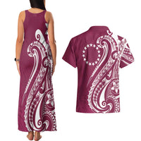 Kia Orana Cook Islands Couples Matching Tank Maxi Dress and Hawaiian Shirt Maroon Plumeria Tropical Waves - Polynesian Pride