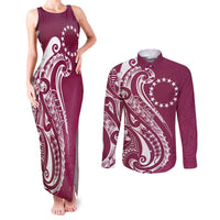 Kia Orana Cook Islands Couples Matching Tank Maxi Dress and Long Sleeve Button Shirt Maroon Plumeria Tropical Waves - Polynesian Pride
