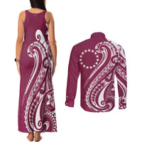Kia Orana Cook Islands Couples Matching Tank Maxi Dress and Long Sleeve Button Shirt Maroon Plumeria Tropical Waves - Polynesian Pride