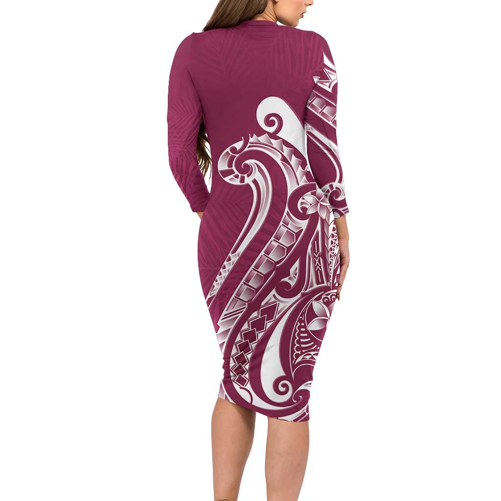 Kia Orana Cook Islands Family Matching Long Sleeve Bodycon Dress and Hawaiian Shirt Maroon Plumeria Tropical Waves - Polynesian Pride