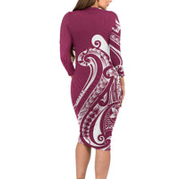 Kia Orana Cook Islands Family Matching Long Sleeve Bodycon Dress and Hawaiian Shirt Maroon Plumeria Tropical Waves - Polynesian Pride