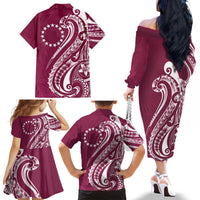 Kia Orana Cook Islands Family Matching Off The Shoulder Long Sleeve Dress and Hawaiian Shirt Maroon Plumeria Tropical Waves - Polynesian Pride