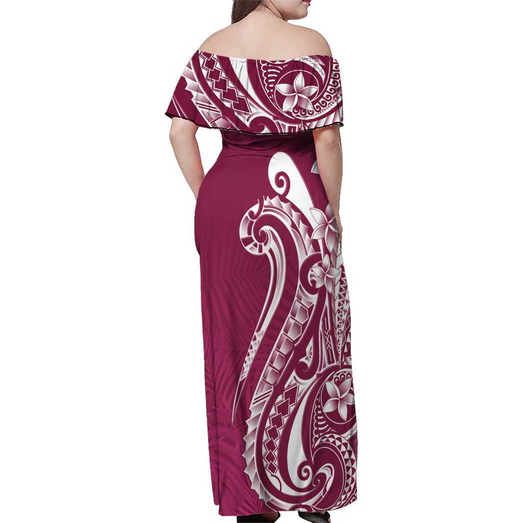 Kia Orana Cook Islands Family Matching Off Shoulder Maxi Dress and Hawaiian Shirt Maroon Plumeria Tropical Waves - Polynesian Pride