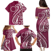 Kia Orana Cook Islands Family Matching Puletasi and Hawaiian Shirt Maroon Plumeria Tropical Waves - Polynesian Pride