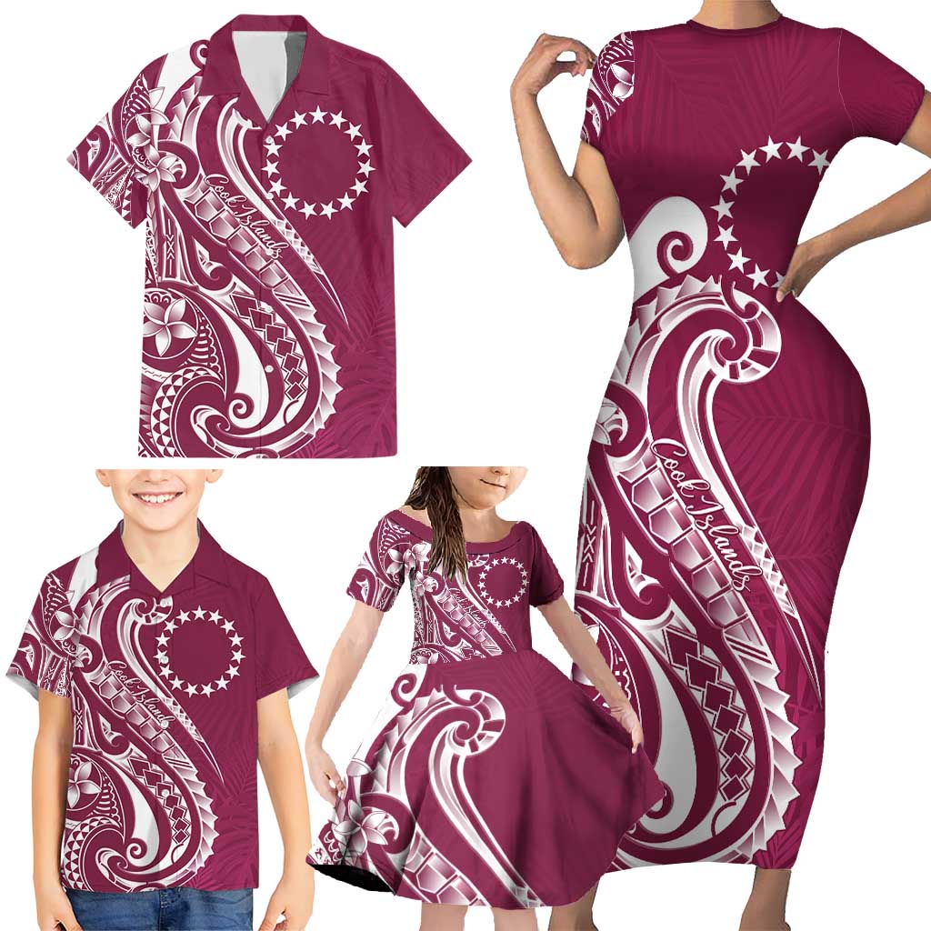 Kia Orana Cook Islands Family Matching Short Sleeve Bodycon Dress and Hawaiian Shirt Maroon Plumeria Tropical Waves - Polynesian Pride