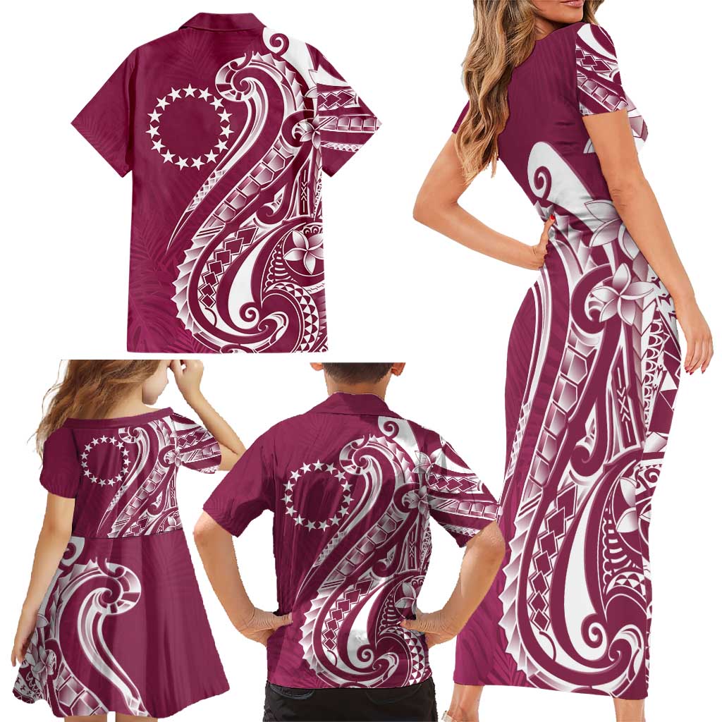 Kia Orana Cook Islands Family Matching Short Sleeve Bodycon Dress and Hawaiian Shirt Maroon Plumeria Tropical Waves - Polynesian Pride