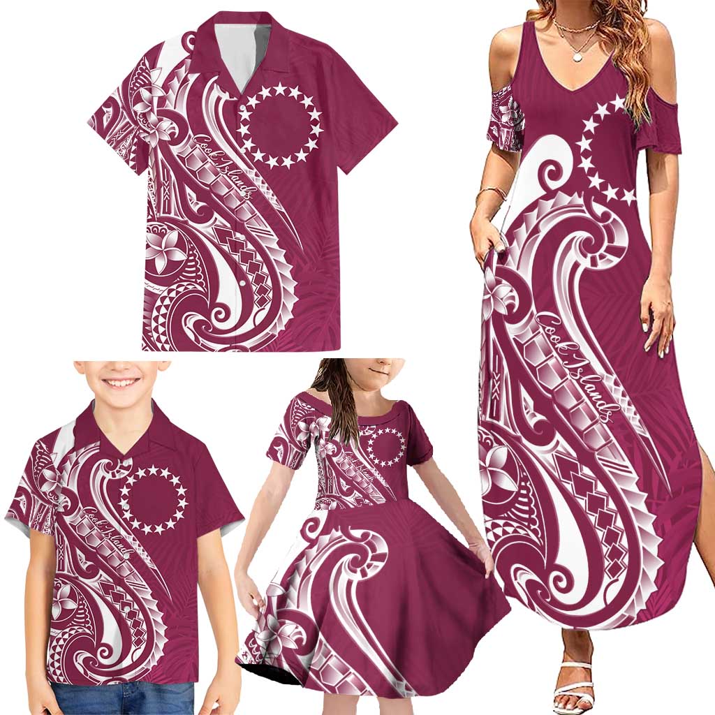 Kia Orana Cook Islands Family Matching Summer Maxi Dress and Hawaiian Shirt Maroon Plumeria Tropical Waves - Polynesian Pride