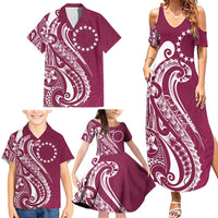 Kia Orana Cook Islands Family Matching Summer Maxi Dress and Hawaiian Shirt Maroon Plumeria Tropical Waves - Polynesian Pride