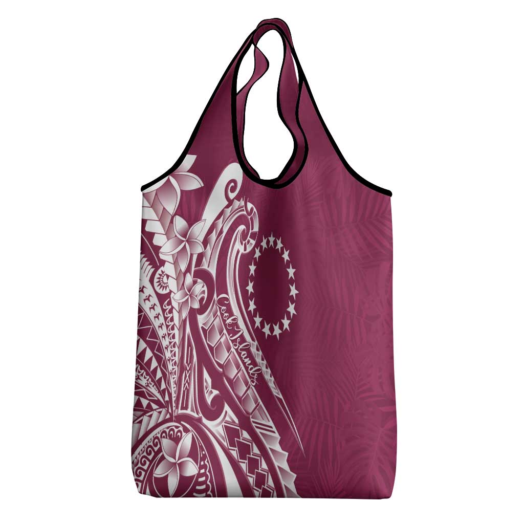 Kia Orana Cook Islands Grocery Bag Maroon Plumeria Tropical Waves - Polynesian Pride
