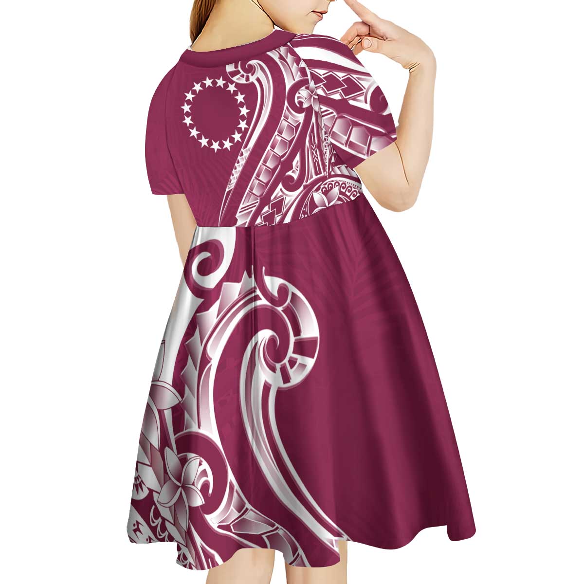 Kia Orana Cook Islands Kid Short Sleeve Dress Maroon Plumeria Tropical Waves - Polynesian Pride