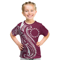 Kia Orana Cook Islands Kid T Shirt Maroon Plumeria Tropical Waves - Polynesian Pride