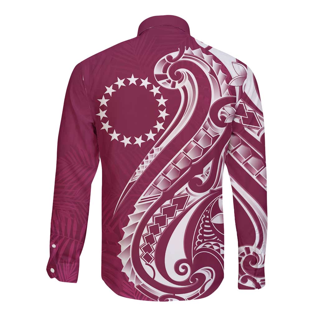 Kia Orana Cook Islands Long Sleeve Button Shirt Maroon Plumeria Tropical Waves - Polynesian Pride